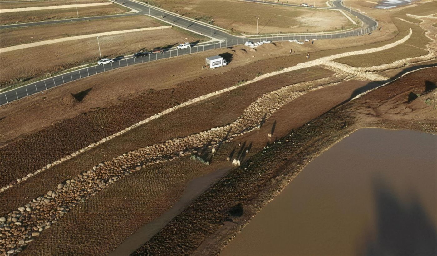 Aerial view of riparian revegetation works at Oran Park Town
